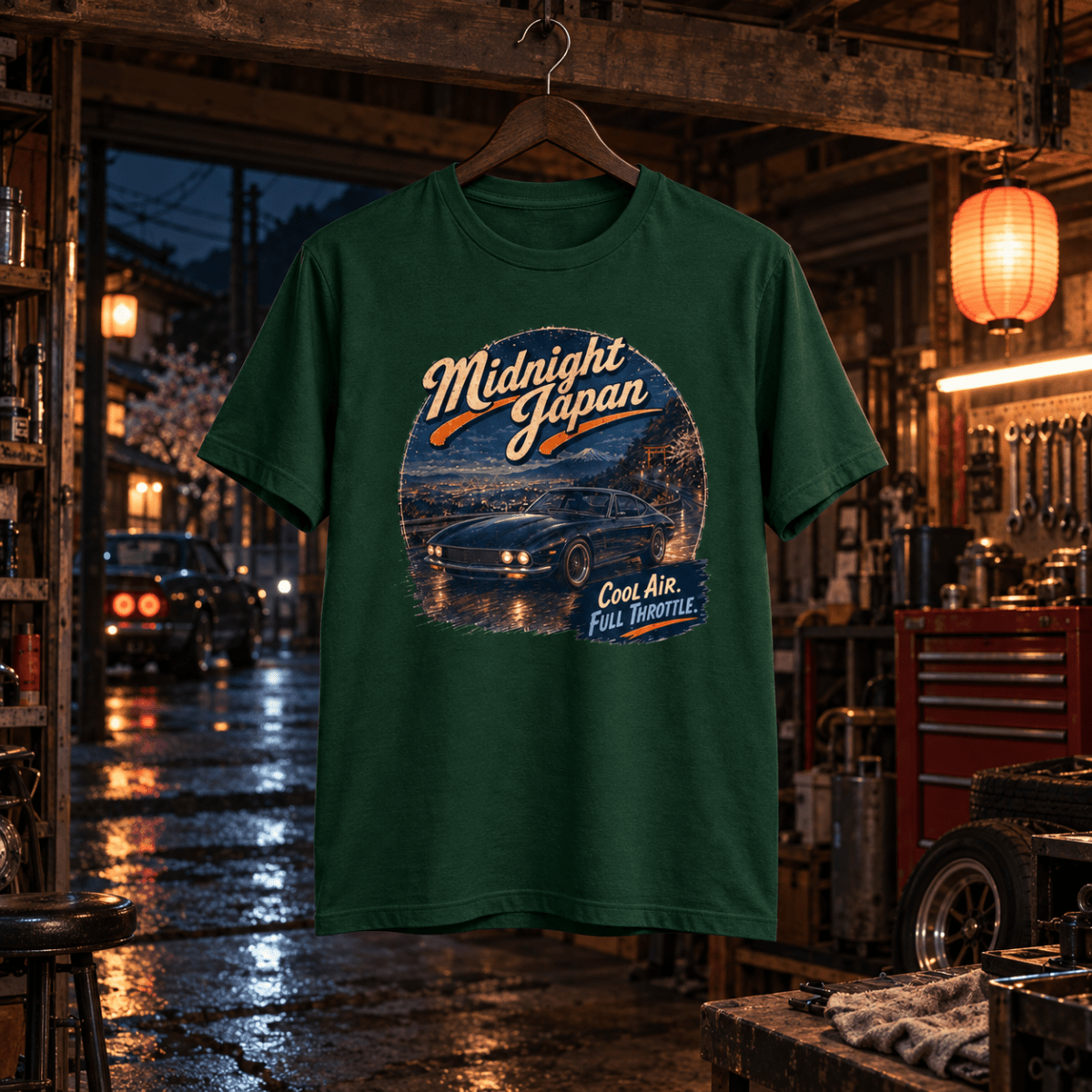 Midnight Japan bottle green T-shirt front in a gritty Japanese classic car workshop