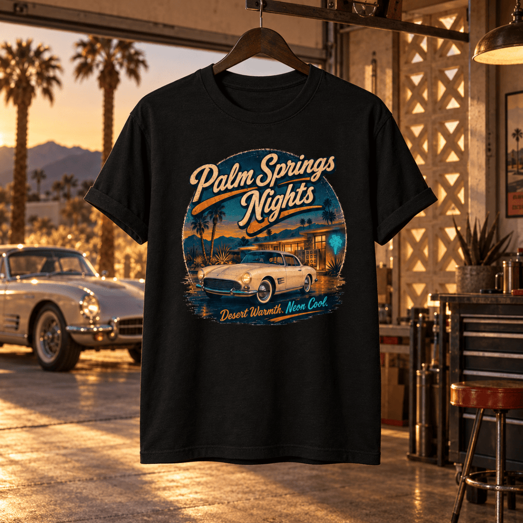 Palm Springs Nights black T-shirt front in a gritty desert roadster workshop