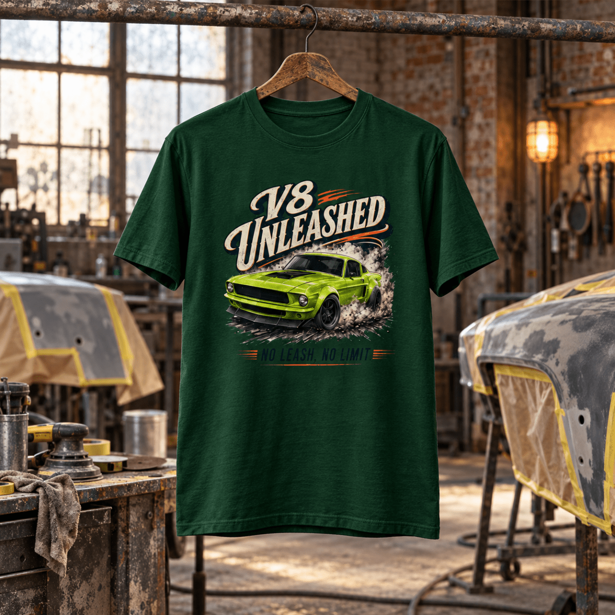 Muscle Car Graphic T-Shirt – V8 Unleashed Full Power in a varied gritty automotive setting