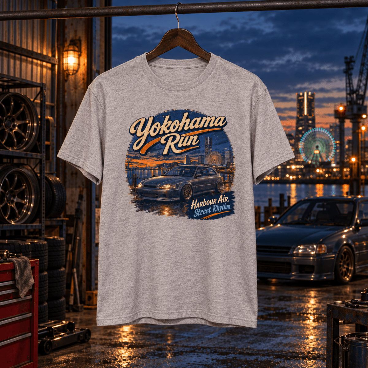 Yokohama Run grey T-shirt front in a gritty harbour tuning garage