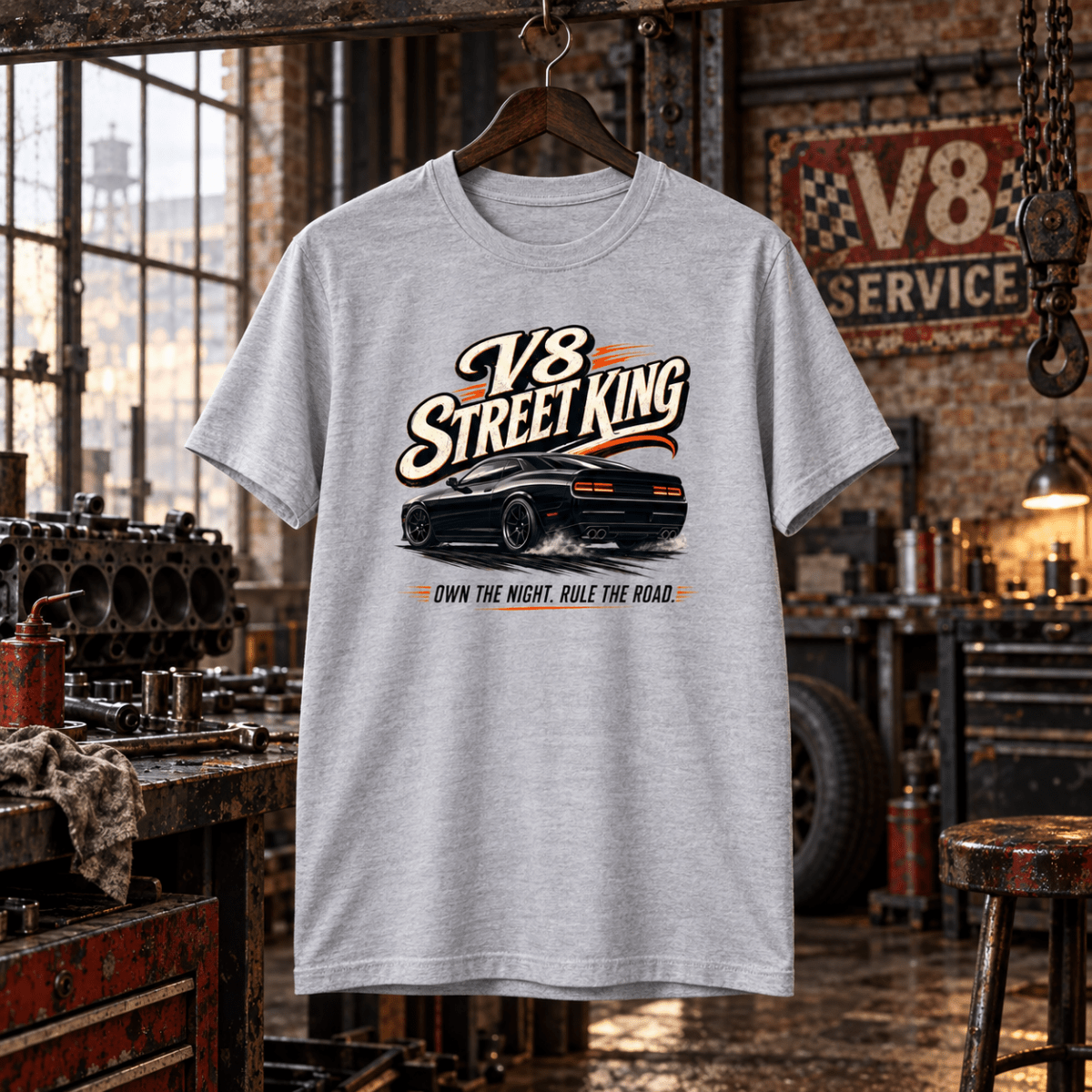 V8 Street King sport grey T-shirt front in a gritty industrial garage