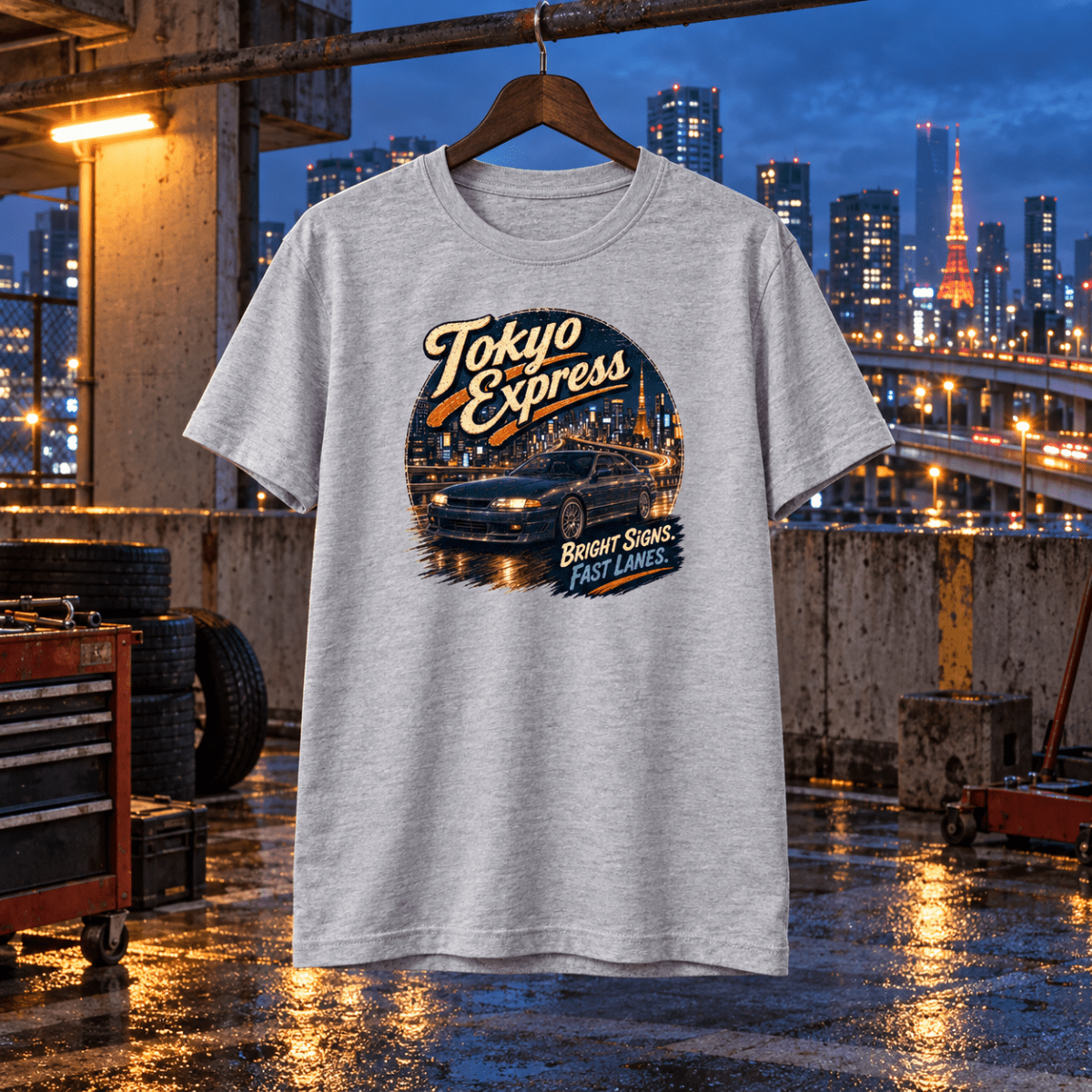 Tokyo Express sport grey T-shirt front in a gritty rooftop city workshop