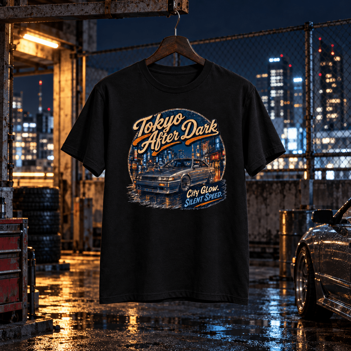 Tokyo After Dark black T-shirt front in a gritty rooftop service bay
