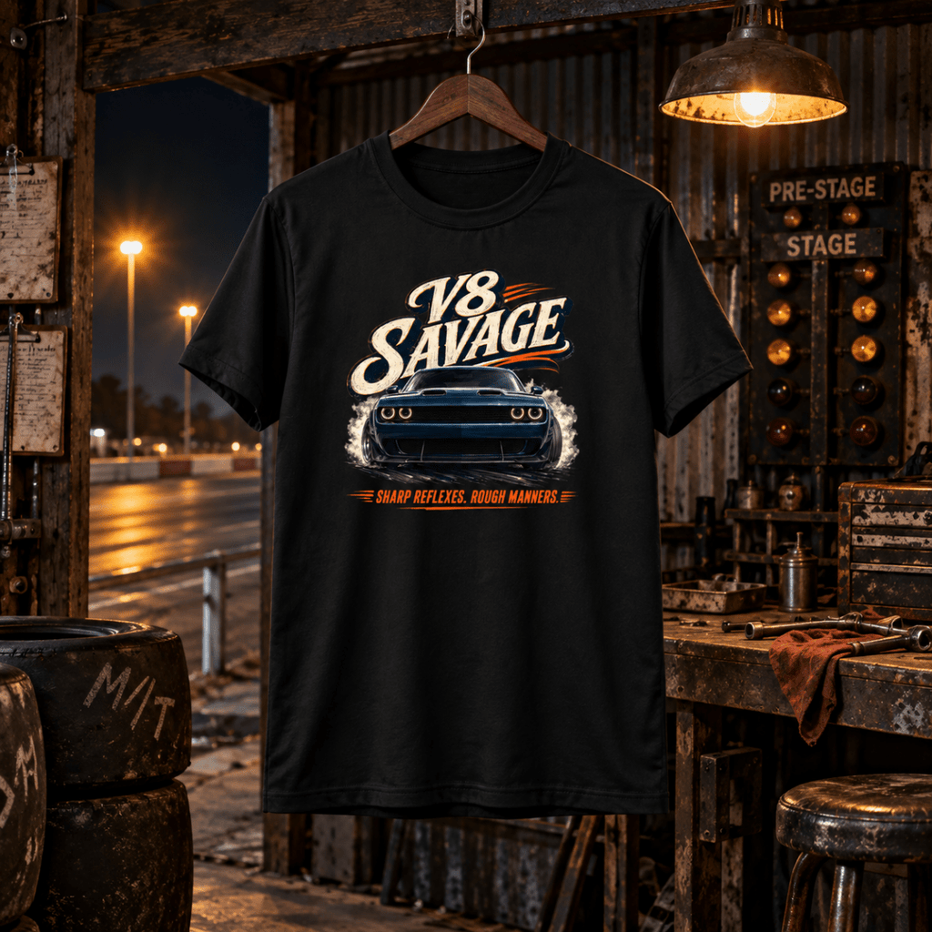 V8 Savage black T-shirt front in a gritty drag-strip scrutineering shed
