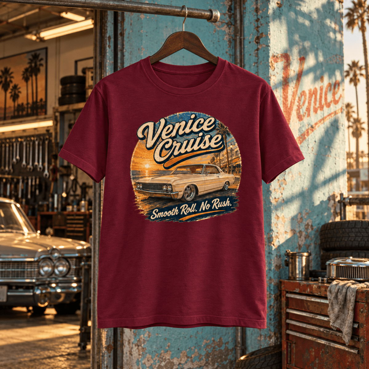 Venice Cruise burgundy T-shirt front in a gritty boulevard bodyshop