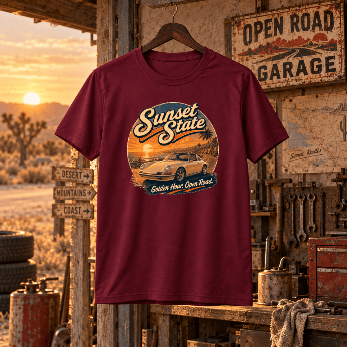 Sunset State maroon T-shirt front in a gritty desert roadside workshop
