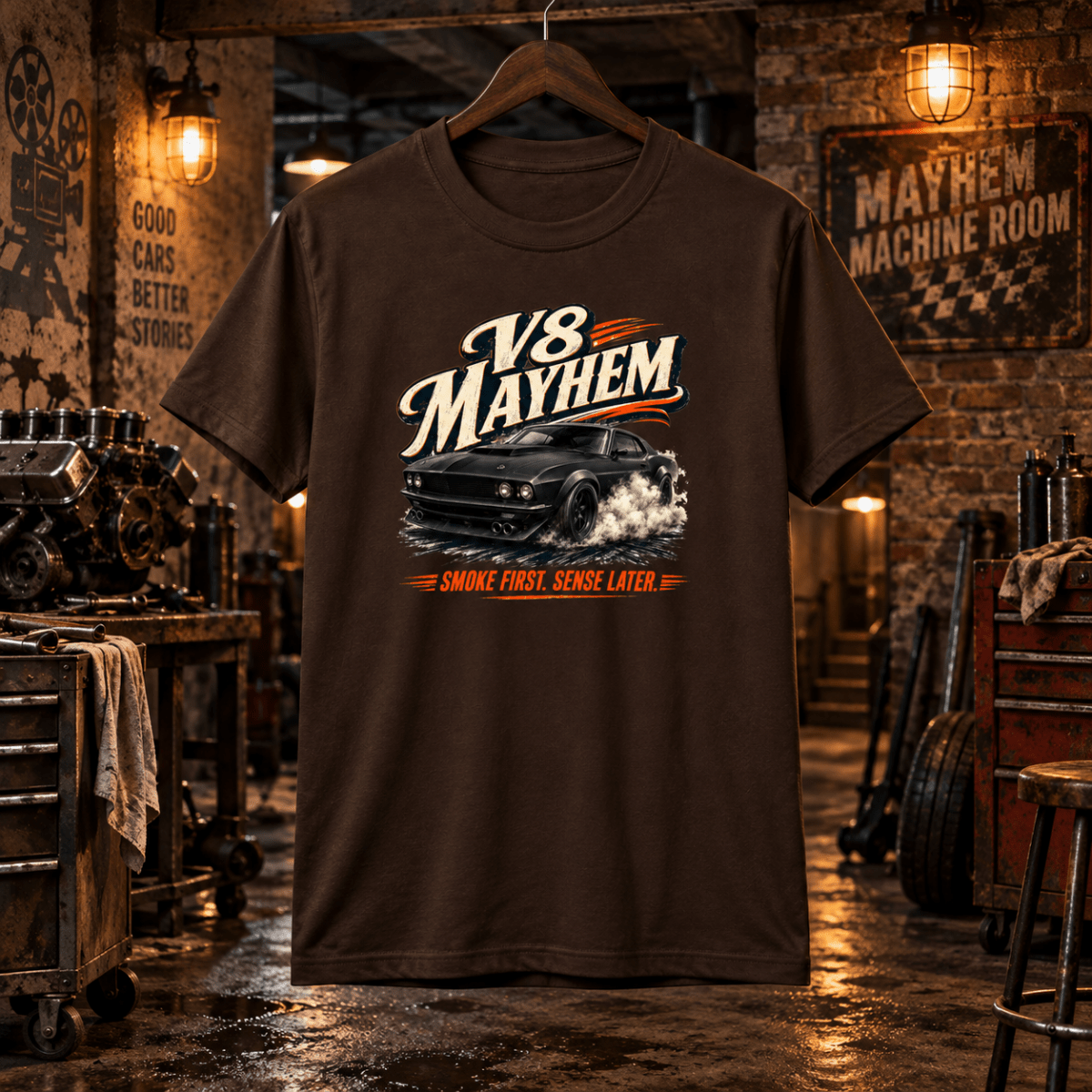 V8 Mayhem dark chocolate T-shirt front in a gritty basement machine room