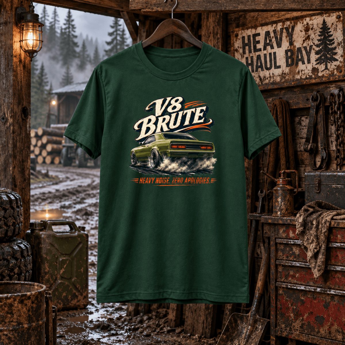 V8 Brute forest green T-shirt front in a gritty forestry mechanic shed
