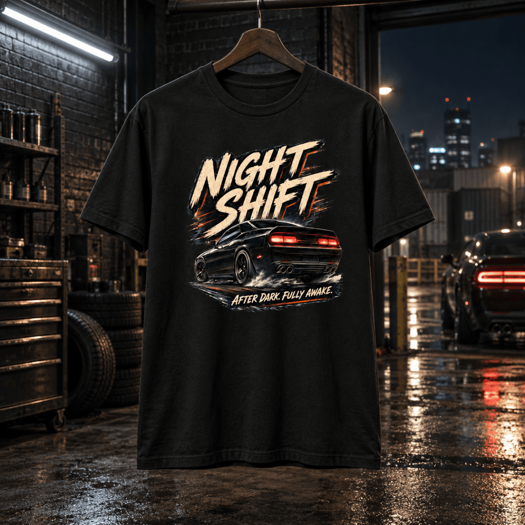 Night Shift black T-shirt front in a gritty industrial night garage