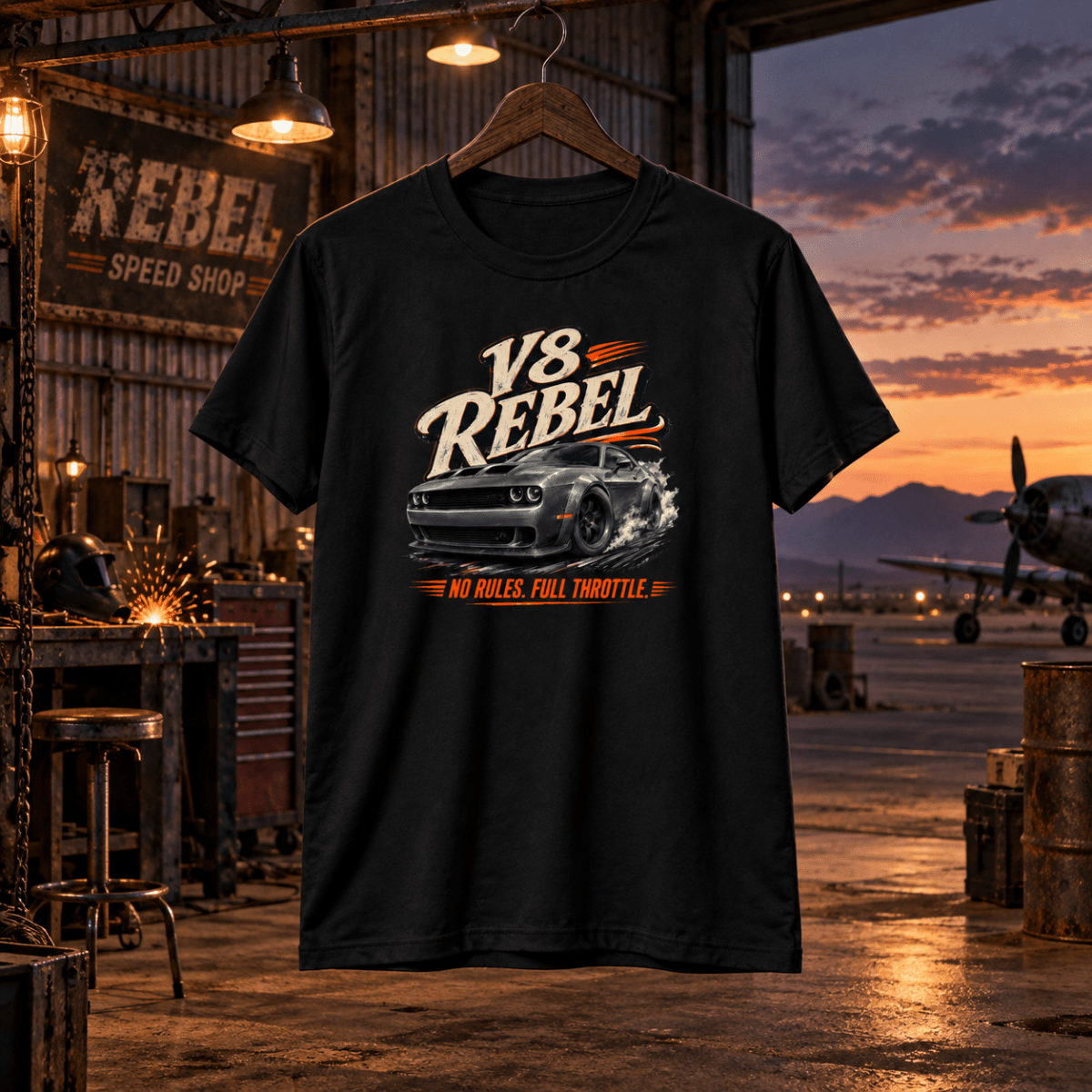 V8 Rebel black T-shirt front in a gritty desert airfield hangar