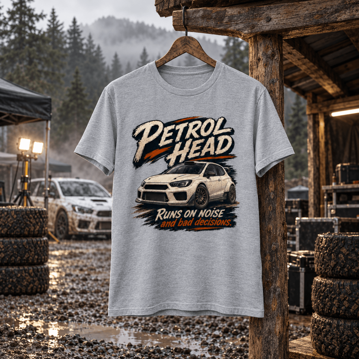 Rally Car Graphic T-Shirt – Hatchback Motorsport in a varied gritty automotive setting