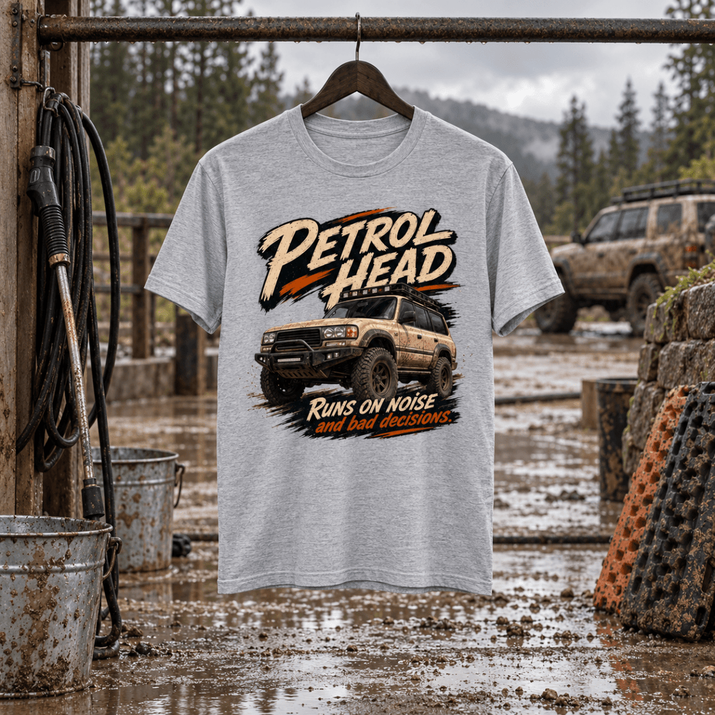 4x4 Off Road Graphic T-Shirt – Petrol Head in a varied gritty automotive setting