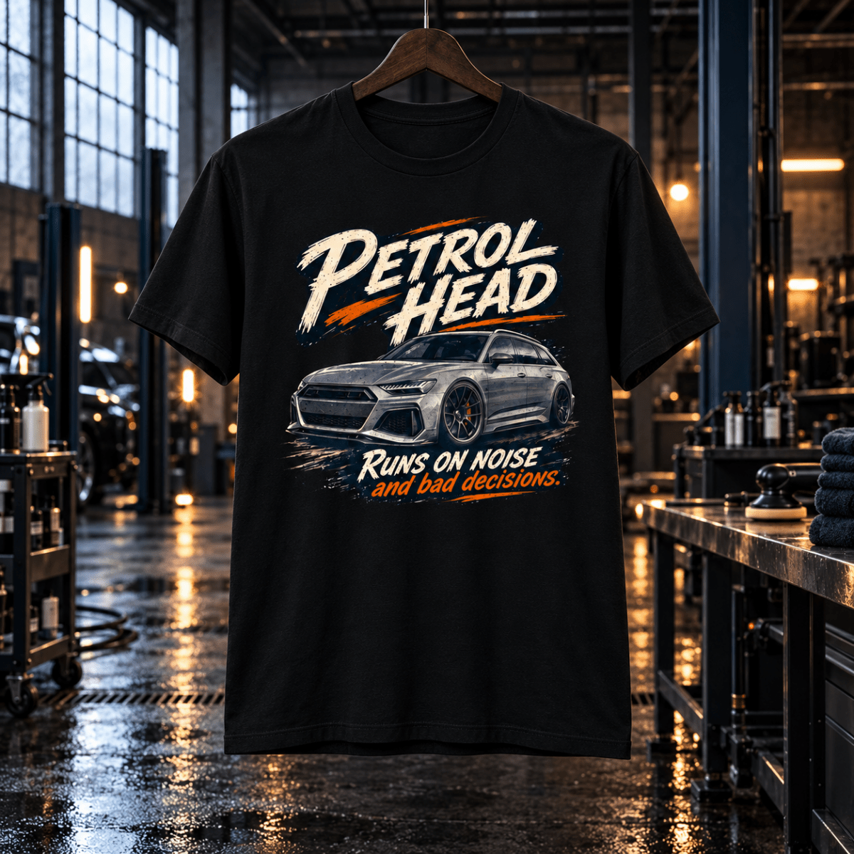 Estate Car Graphic T-Shirt – Petrol Head in a varied gritty automotive setting