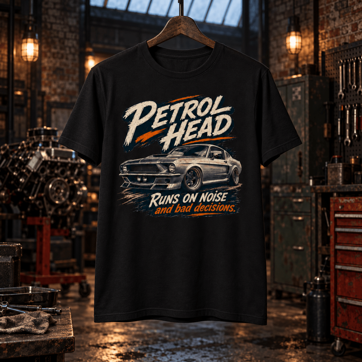Muscle Car Graphic T-Shirt – Classic V8 in a varied gritty automotive setting