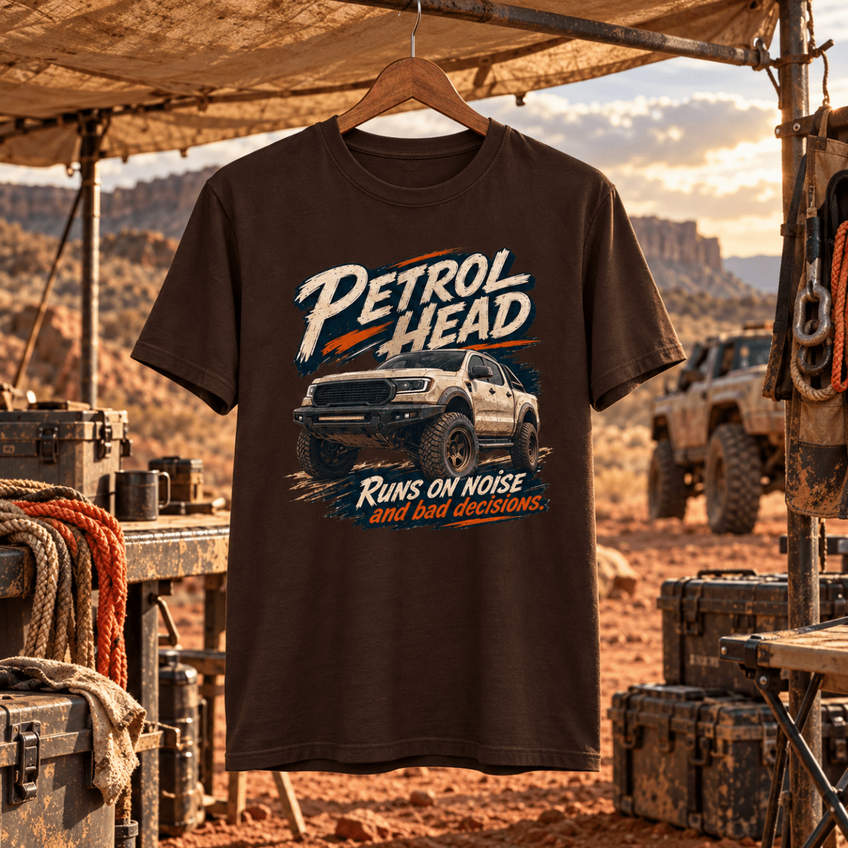 4x4 Off Road Graphic T-Shirt – Pickup Truck in a varied gritty automotive setting