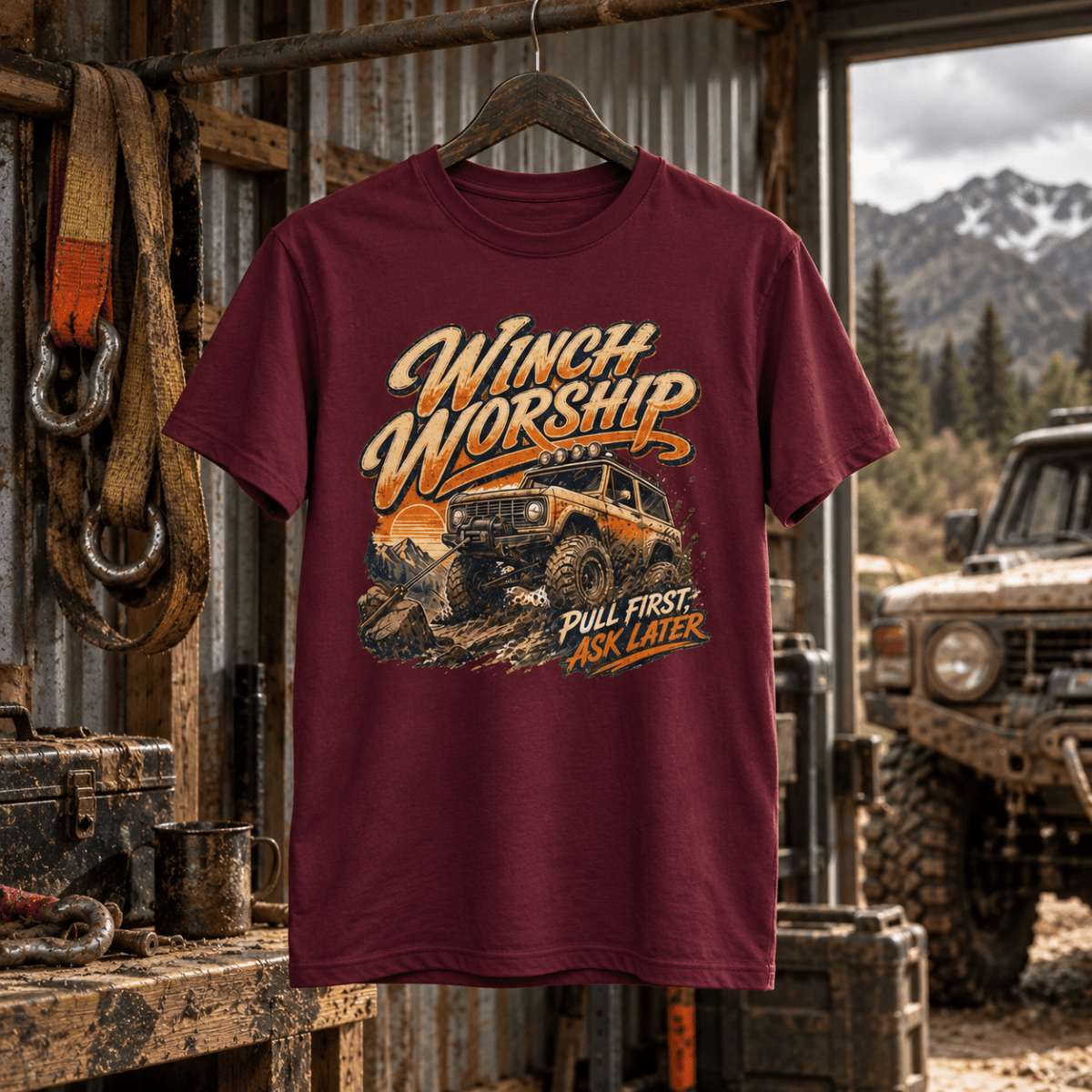 Winch Worship burgundy T-shirt front in a gritty mountain 4x4 workshop