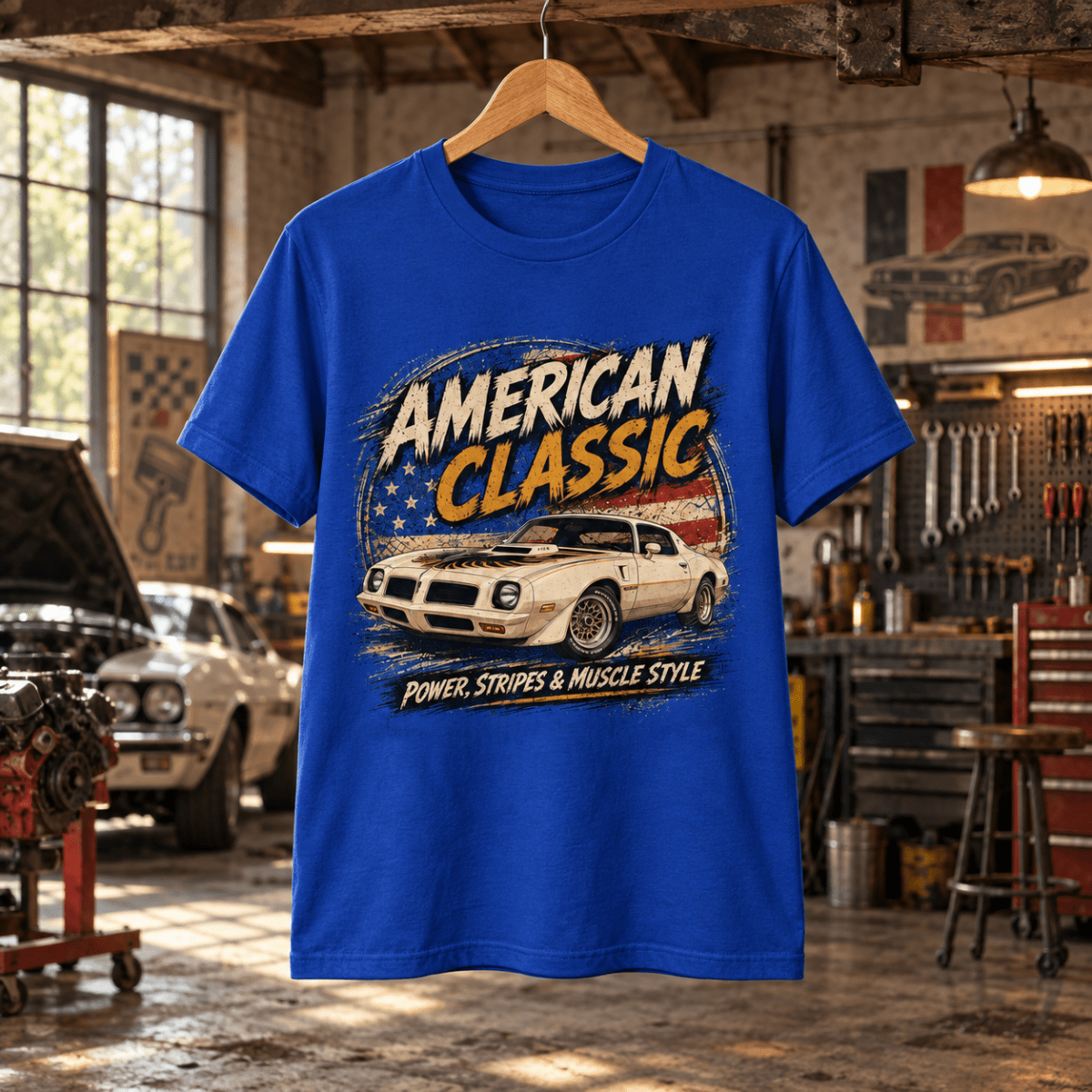 American Classic T/A 6.6 Muscle Car Graphic T-Shirt – Royal Blue in a varied gritty automotive setting