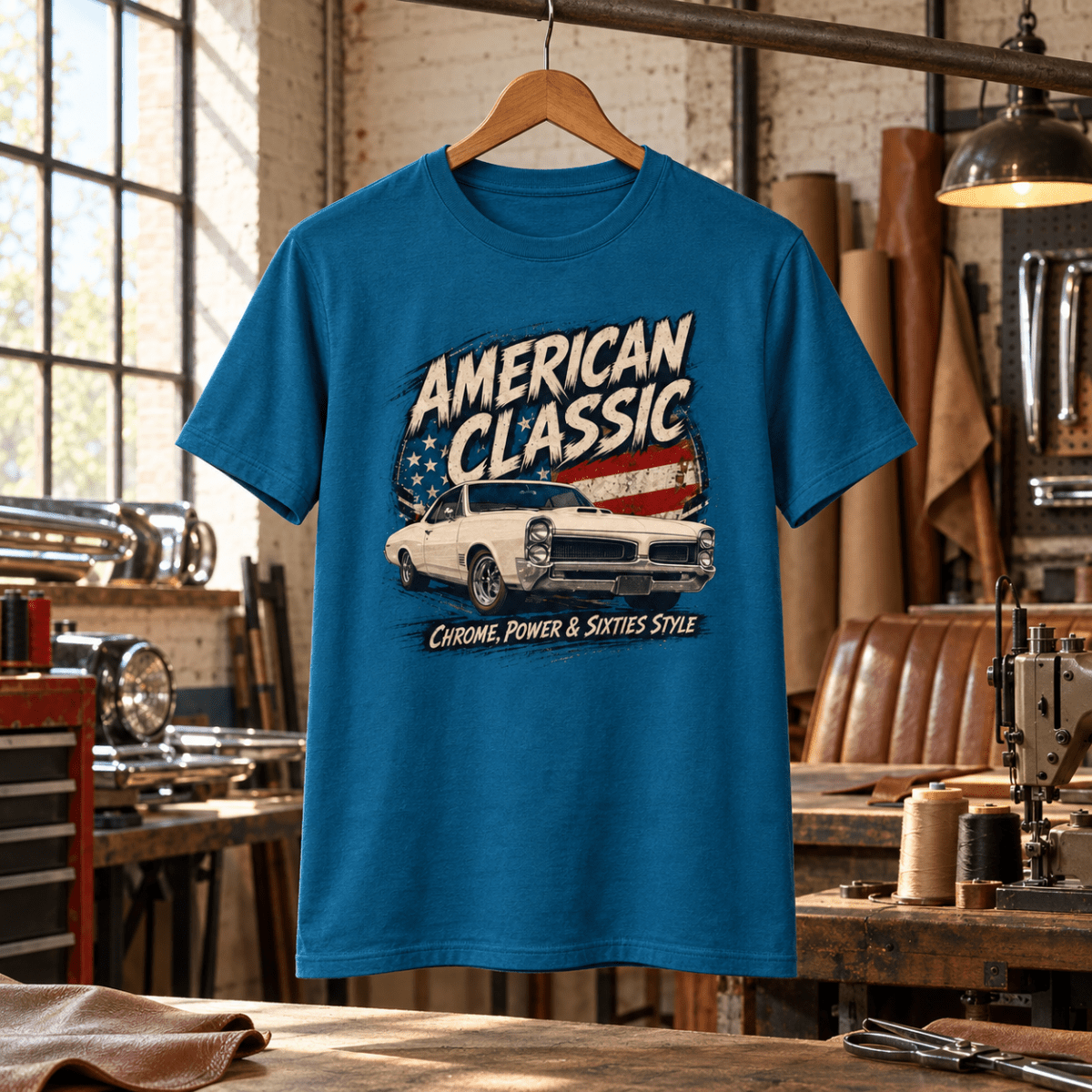 American Classic 1960s White Muscle Coupe Graphic T-Shirt – Sapphire Blue in a varied gritty automotive setting