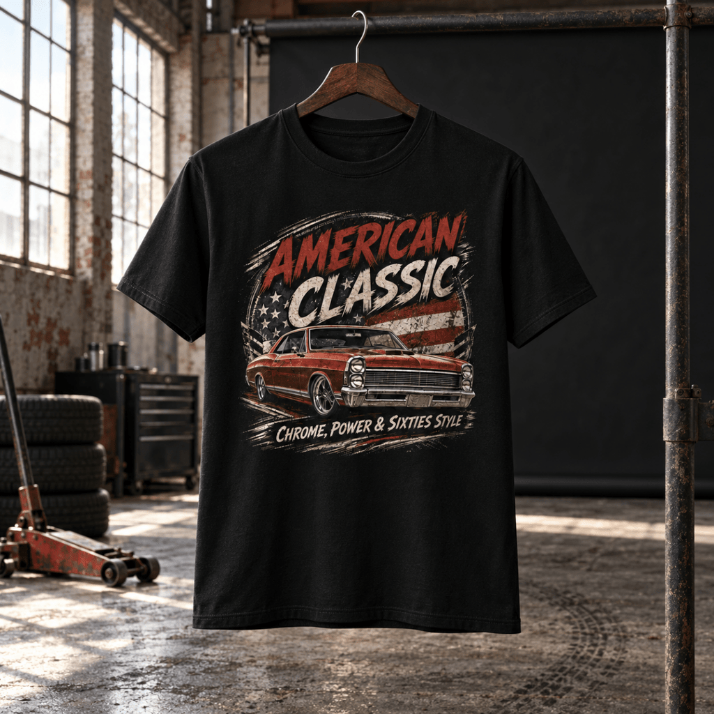 American Classic 1960s Red Muscle Coupe Graphic T-Shirt – Black in a varied gritty automotive setting