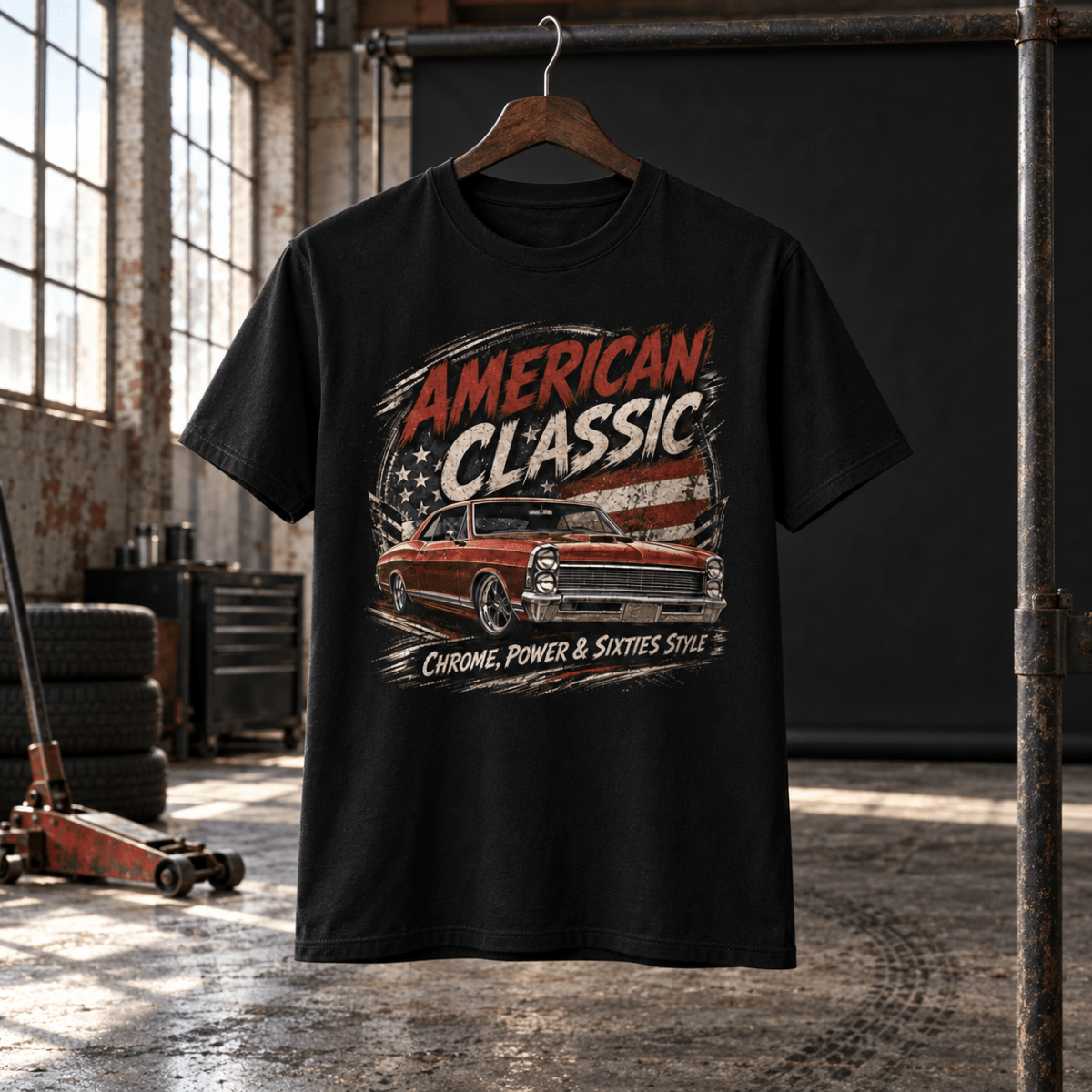 American Classic 1960s Red Muscle Coupe Graphic T-Shirt – Black in a varied gritty automotive setting