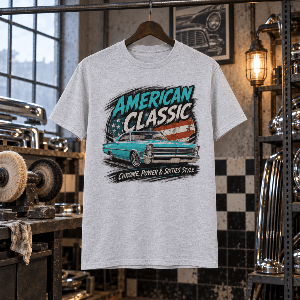 American Classic 1960s Turquoise Cruiser Graphic T-Shirt – Sport Grey in a varied gritty automotive setting