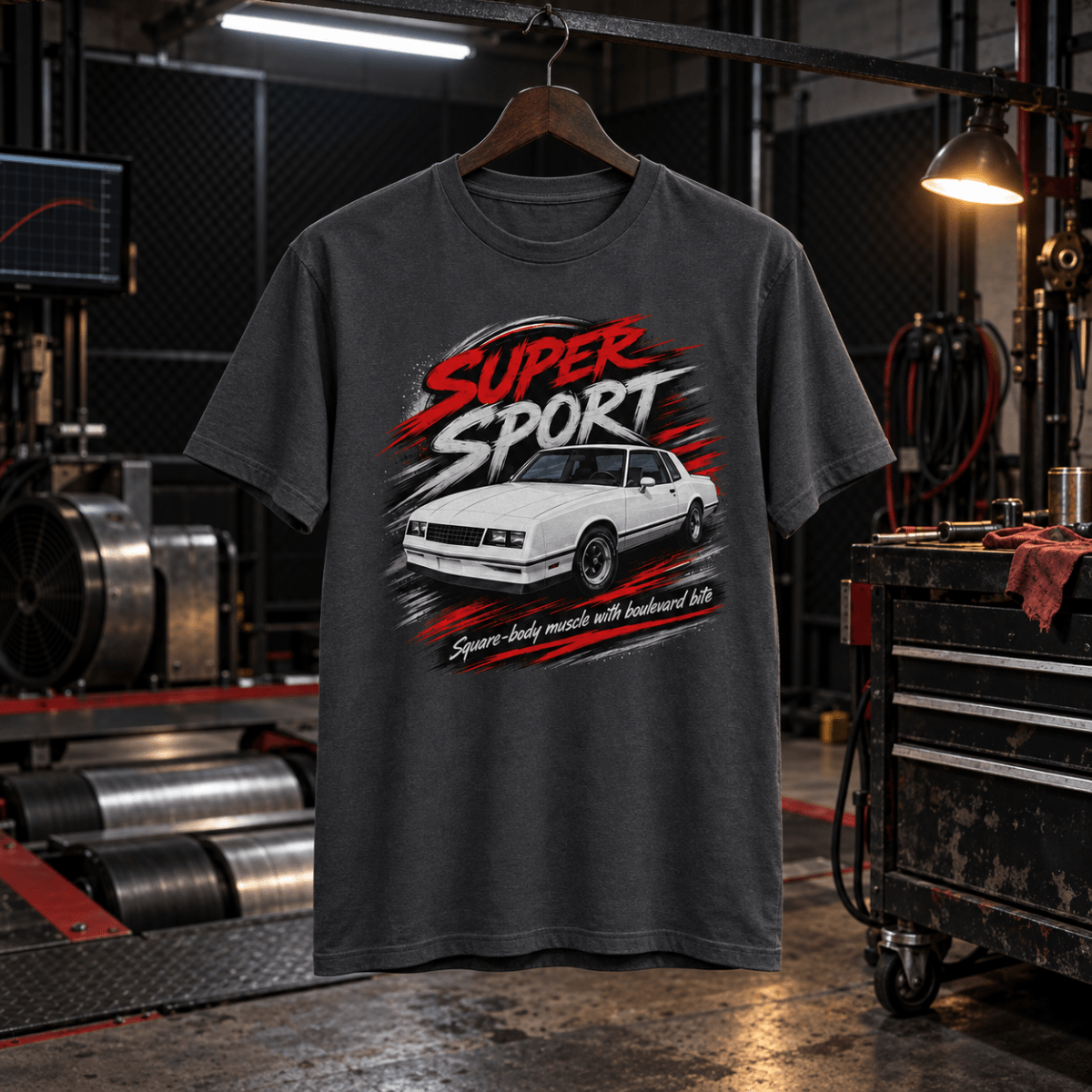 Super Sport Square-Body Muscle Coupe Graphic T-Shirt – Dark Grey in a varied gritty automotive setting
