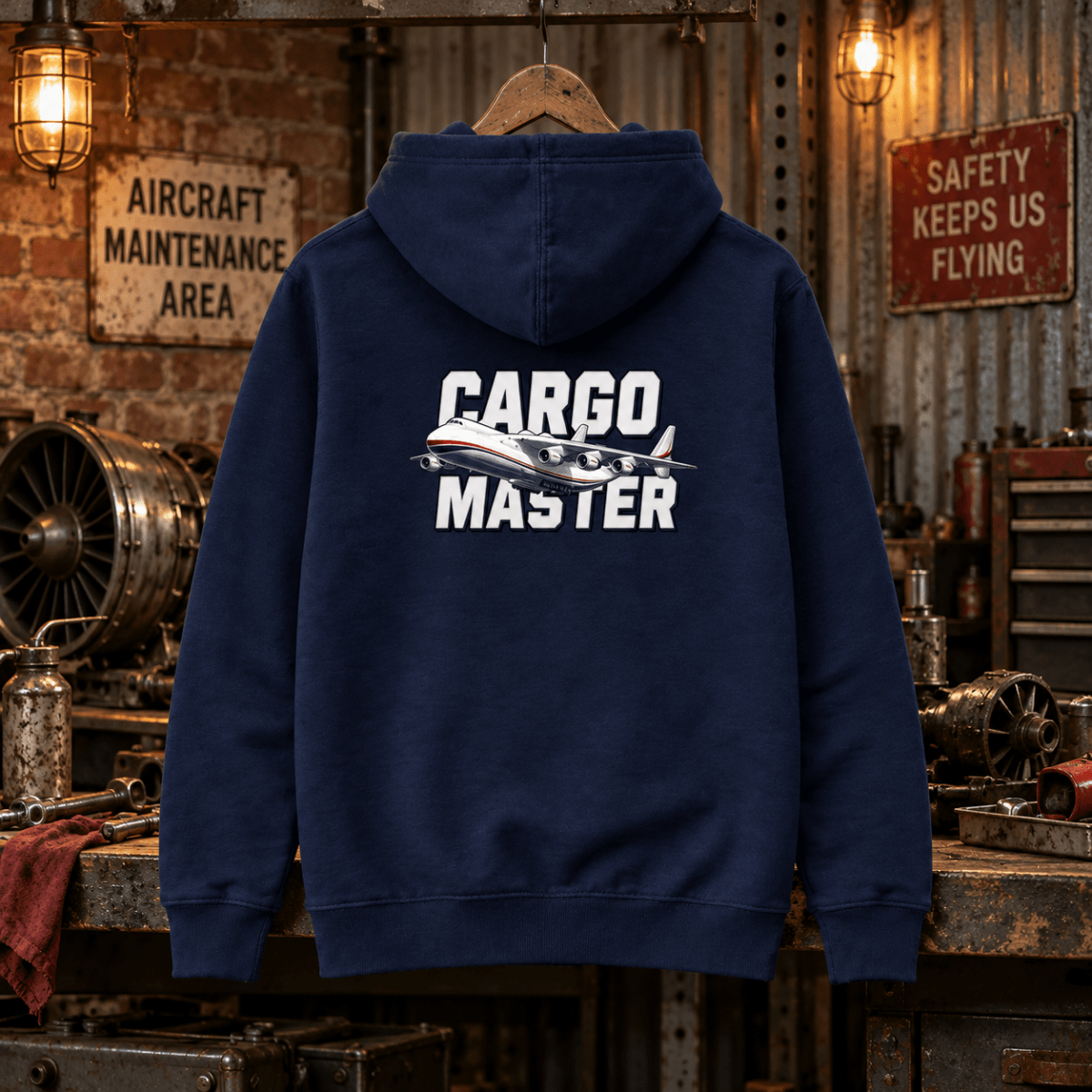 Navy Cargo Master vintage transport aircraft graphic hoodie in a gritty aviation workshop