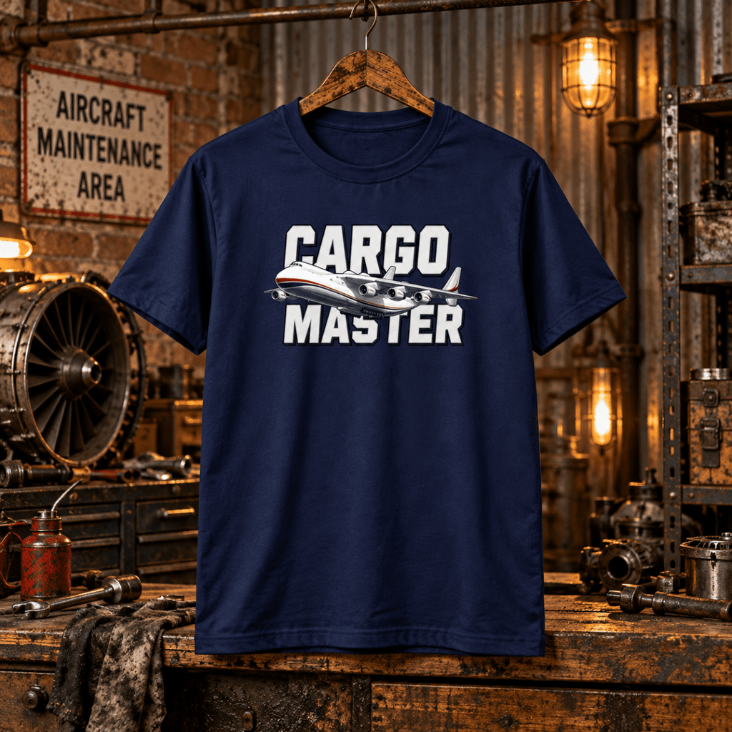 Navy Cargo Master vintage transport aircraft graphic T-shirt in a gritty aviation workshop