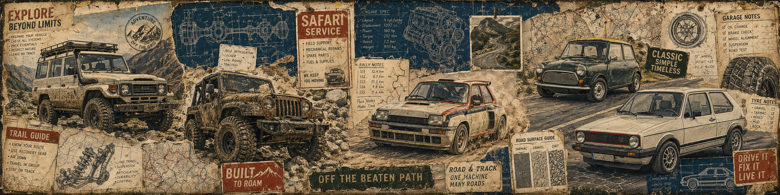 Vintage-style advertisement poster with classic cars and travel-themed text.