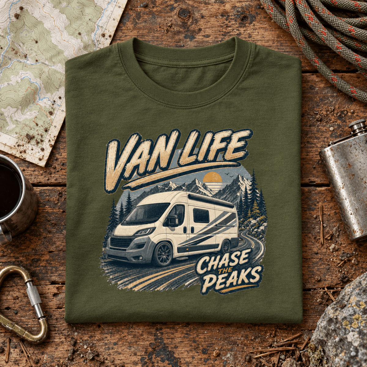 Chase the Peaks military green Van Life T-shirt folded front hero