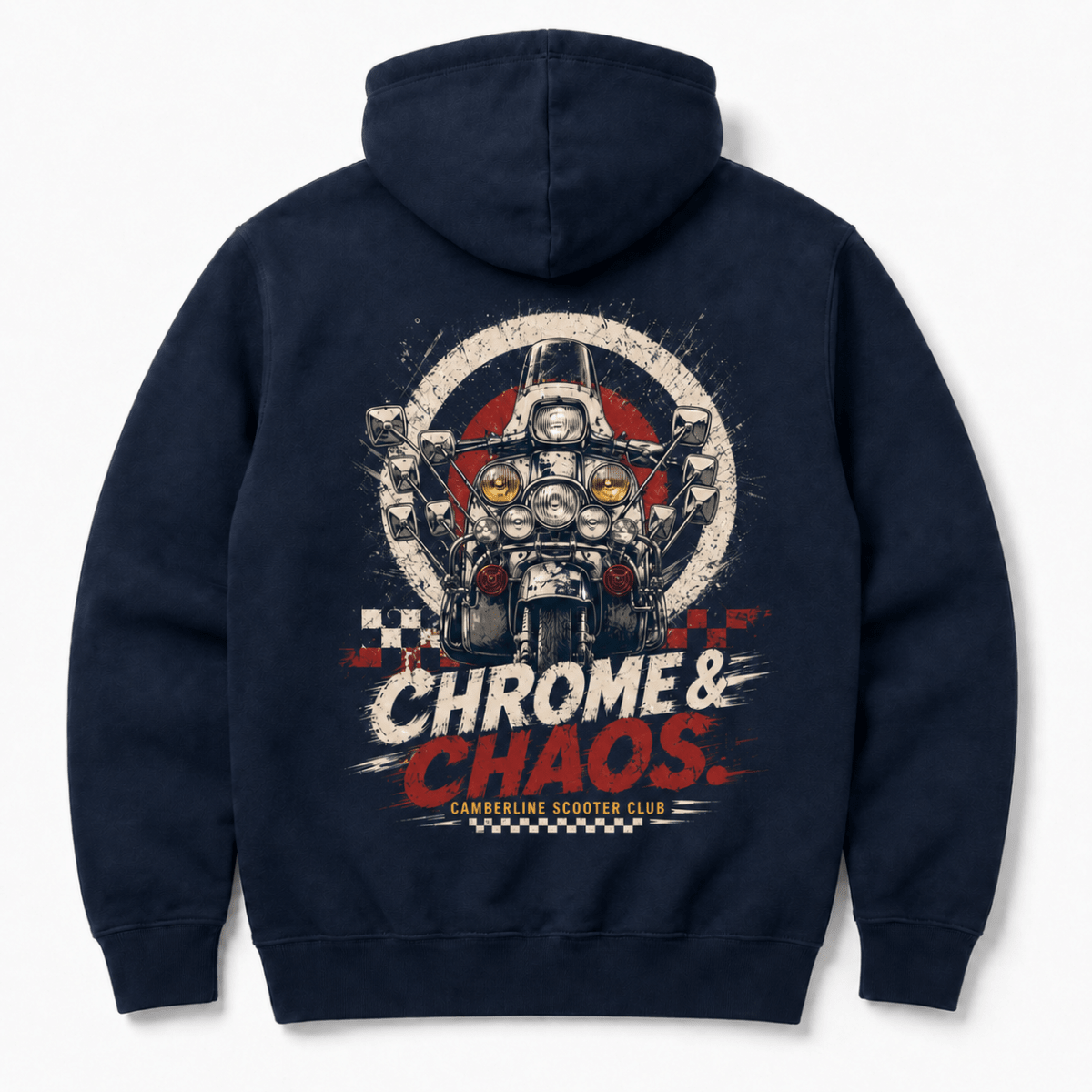 Back product view of the navy Chrome Chaos scooter graphic hoodie