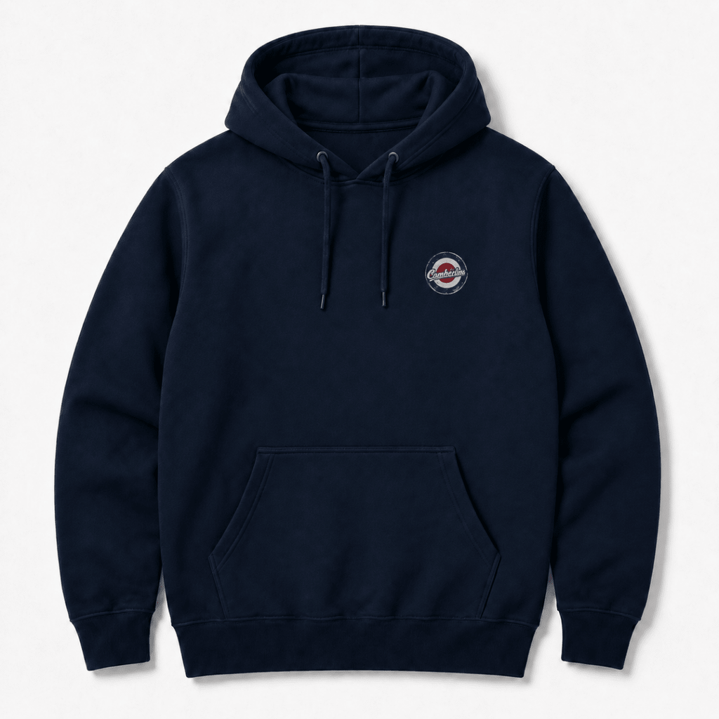 Front product view of the navy hoodie with small Camberline left-chest print