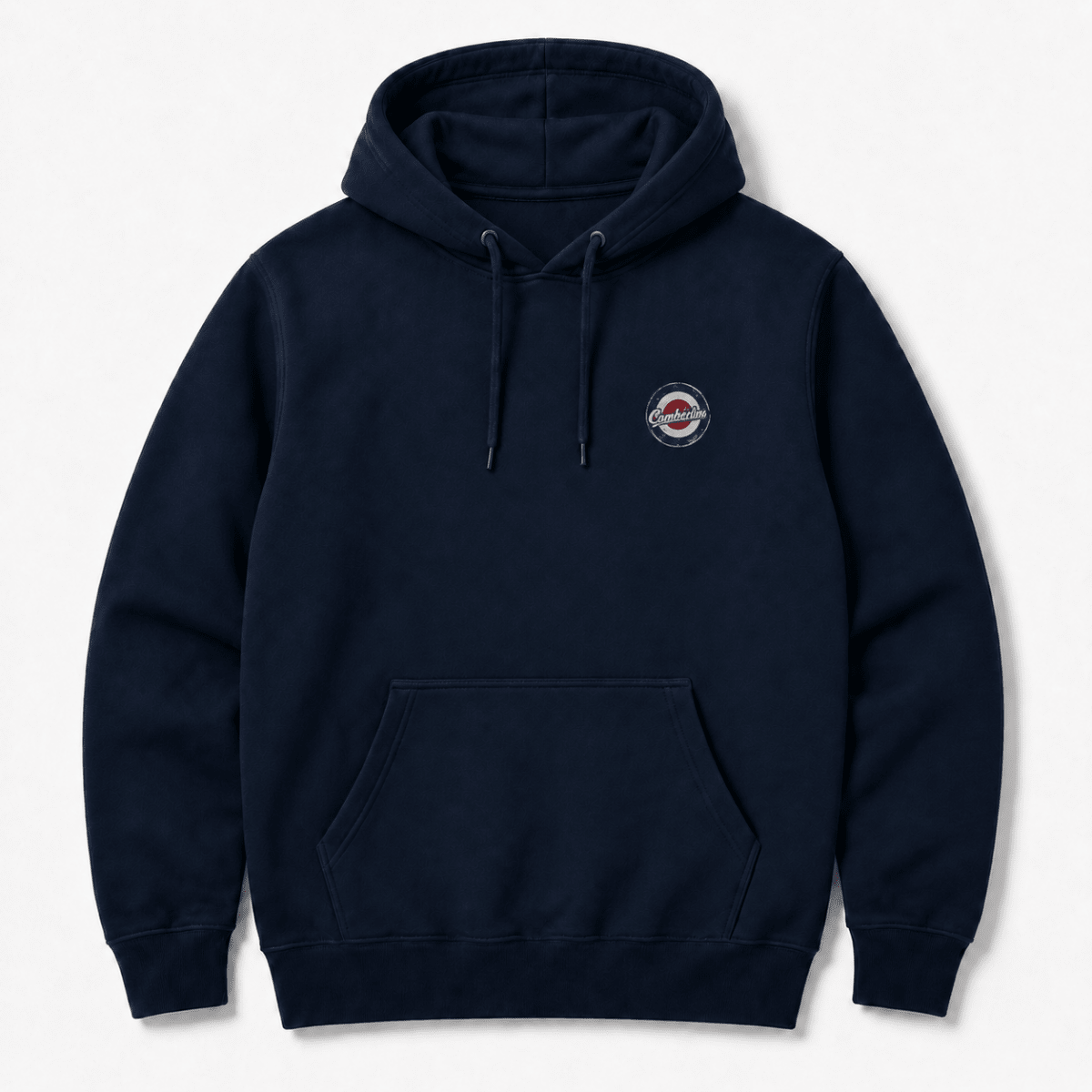 Front product view of the navy hoodie with small Camberline left-chest print
