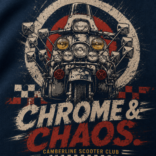 Close-up of the Chrome Chaos custom scooter premium halftone DTF print on navy hoodie fabric