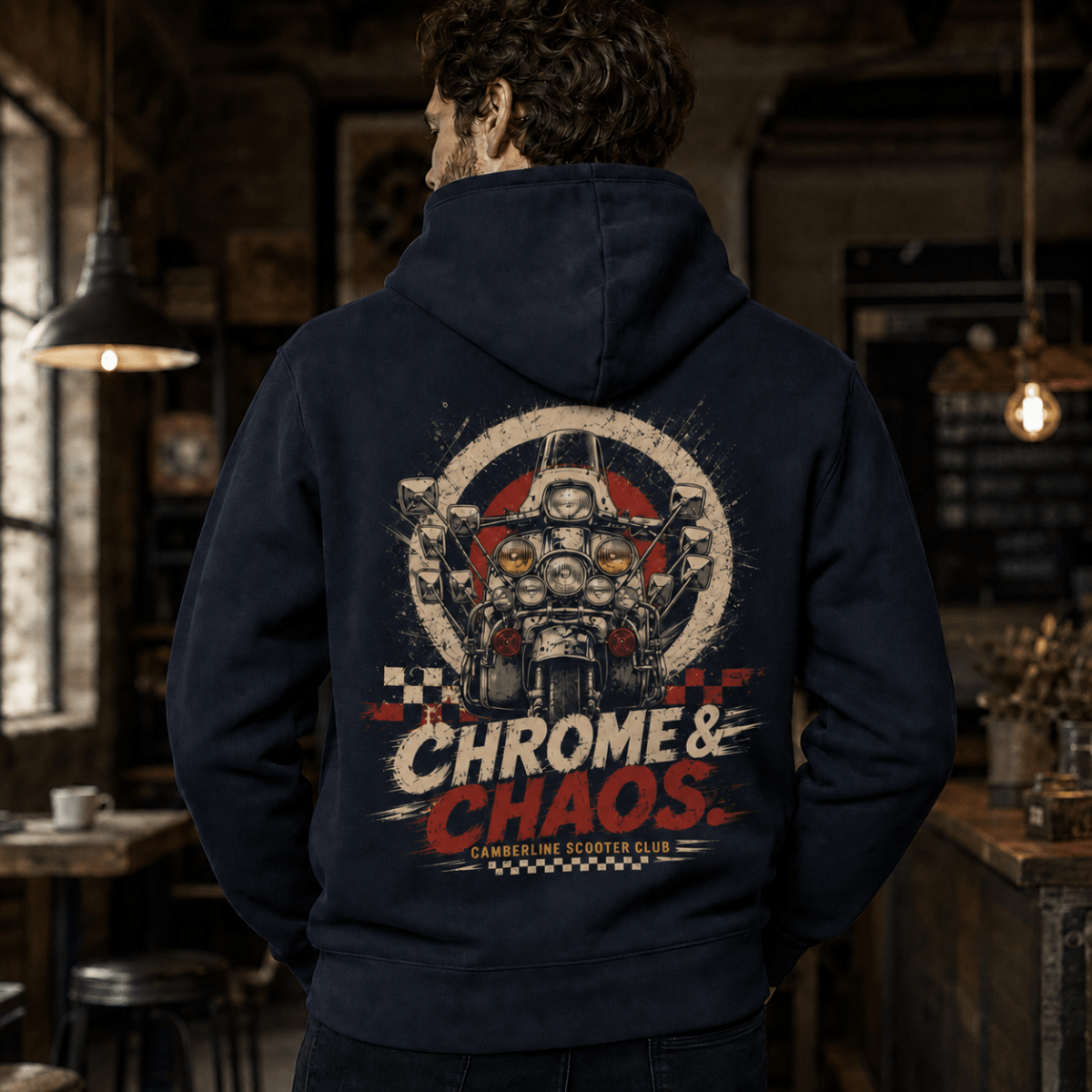 Model wearing a navy Chrome Chaos custom scooter graphic hoodie, back print view