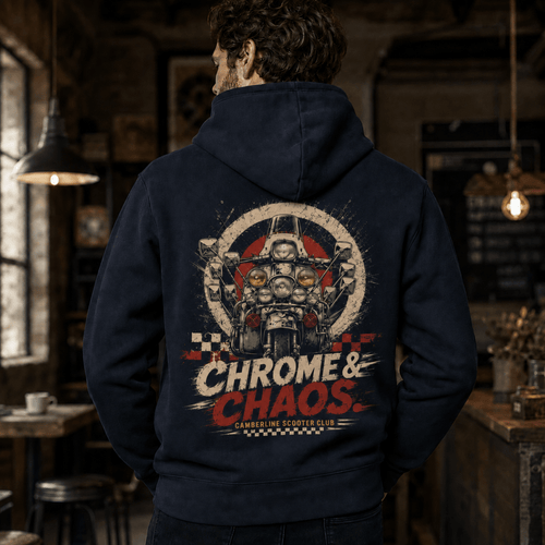 Model wearing a navy Chrome Chaos custom scooter graphic hoodie, back print view