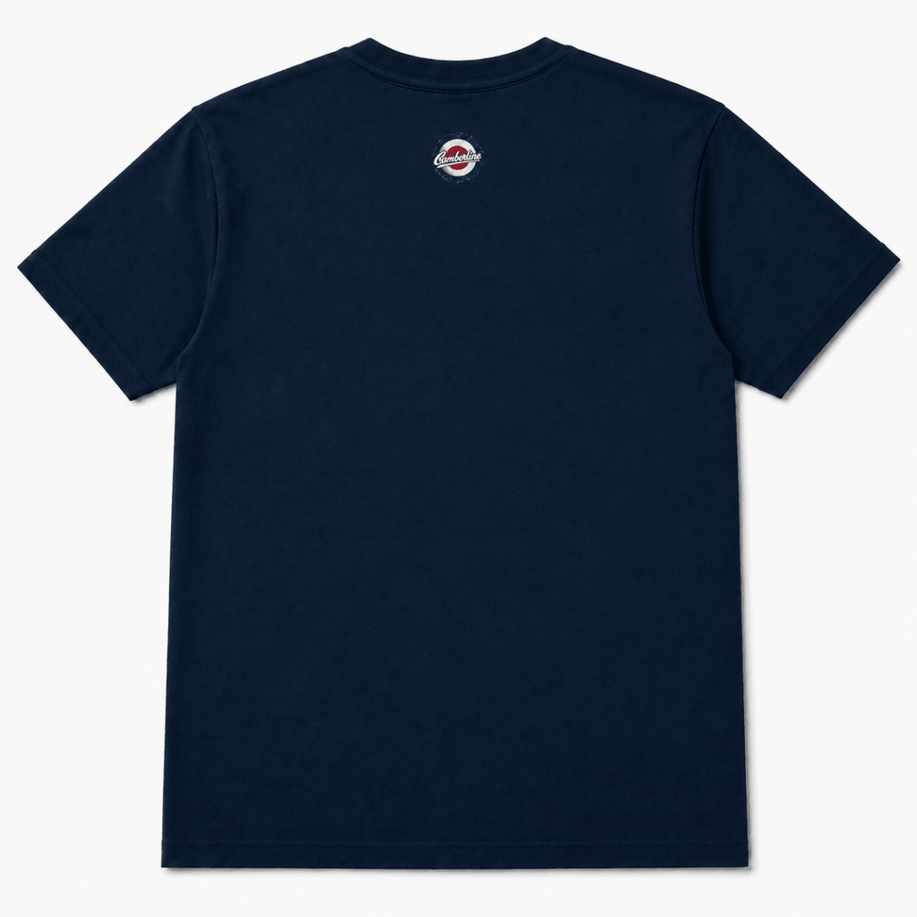 Back product view of the navy T-shirt with small Camberline nape print