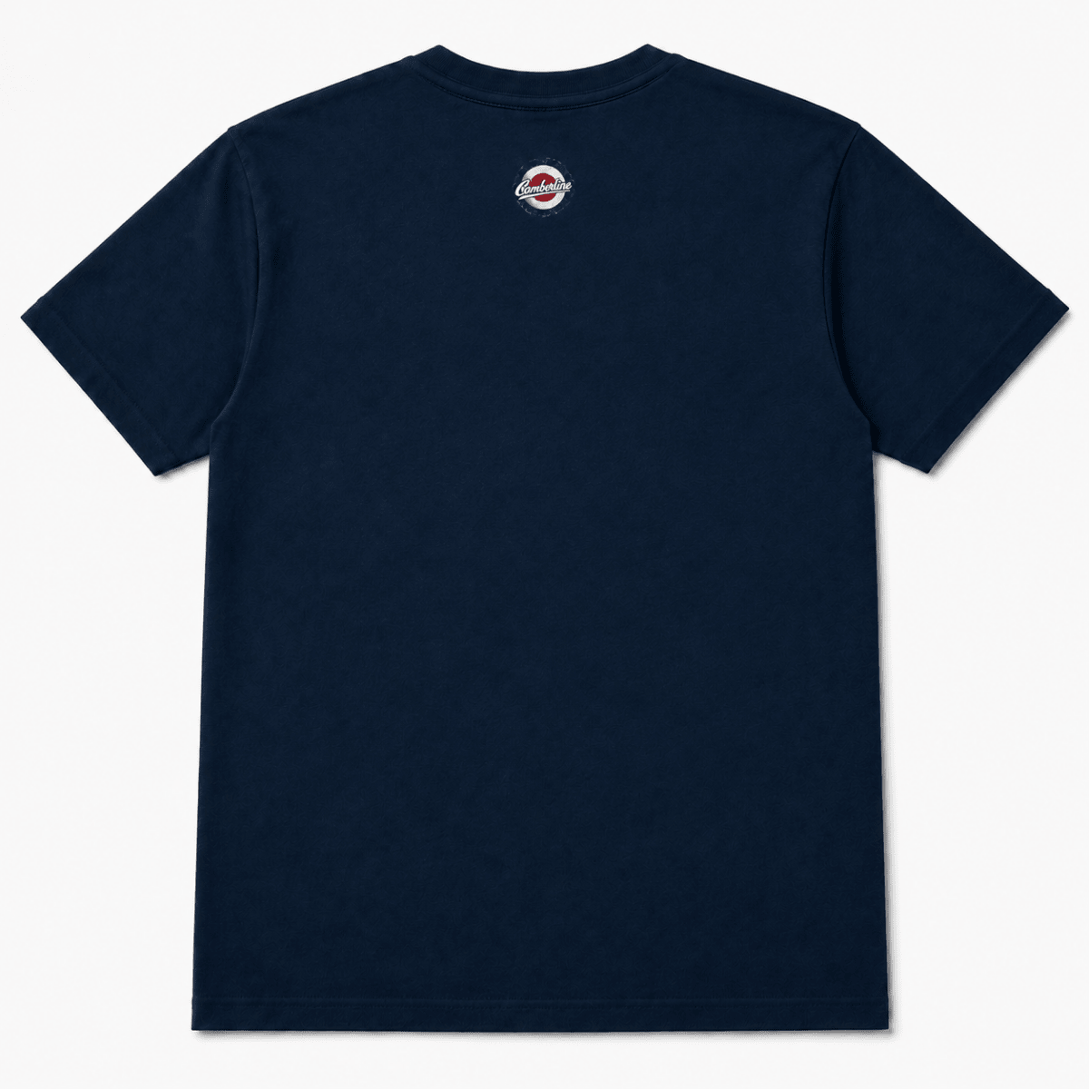 Back product view of the navy T-shirt with small Camberline nape print