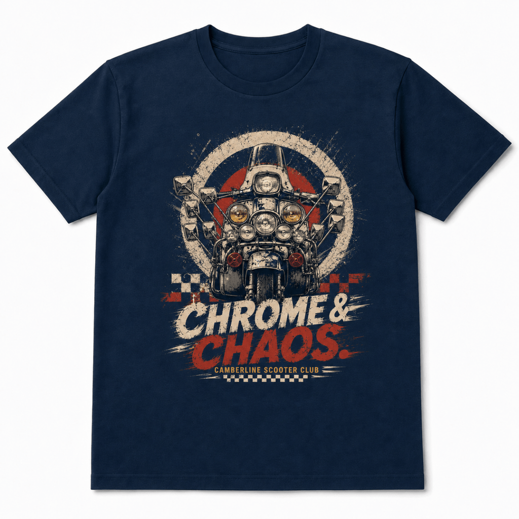 Front product view of the navy Chrome Chaos scooter graphic T-shirt