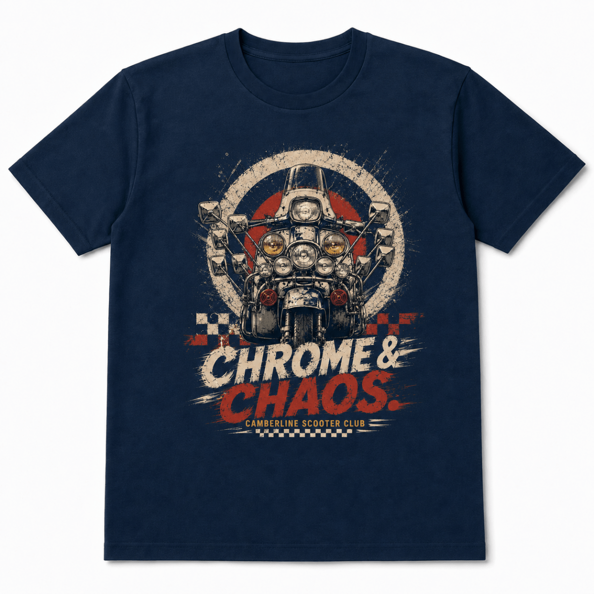 Front product view of the navy Chrome Chaos scooter graphic T-shirt