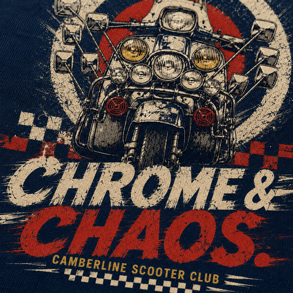 Close-up of the Chrome Chaos custom scooter premium halftone DTF print on navy fabric