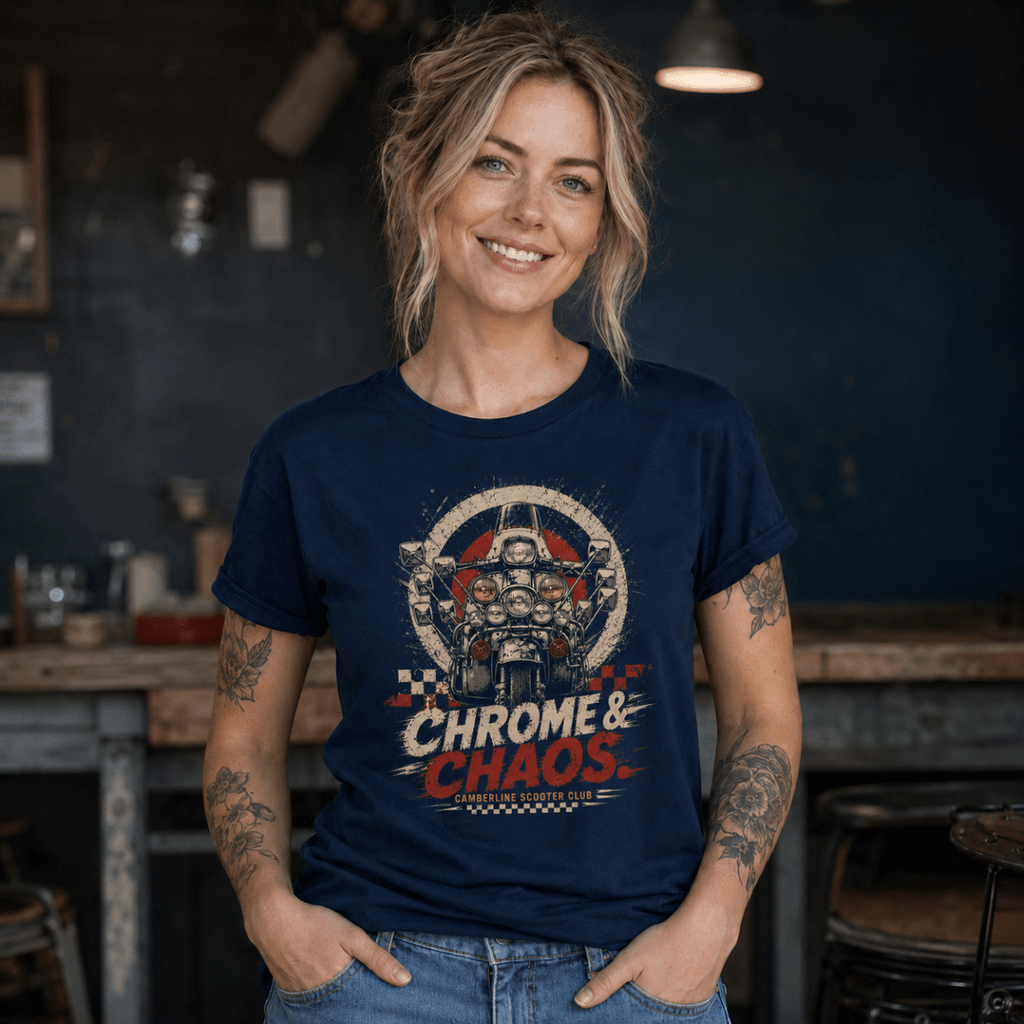 Model wearing a navy Chrome Chaos custom scooter graphic T-shirt, front view