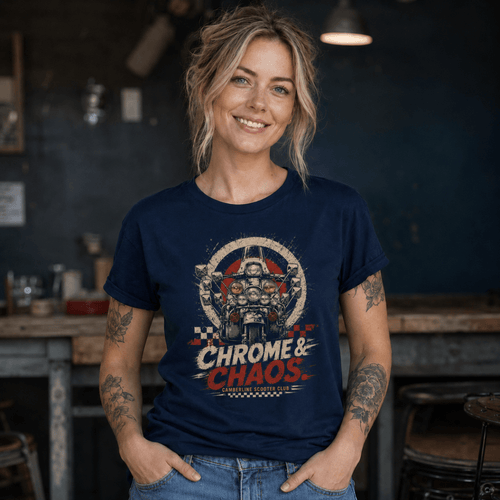 Model wearing a navy Chrome Chaos custom scooter graphic T-shirt, front view