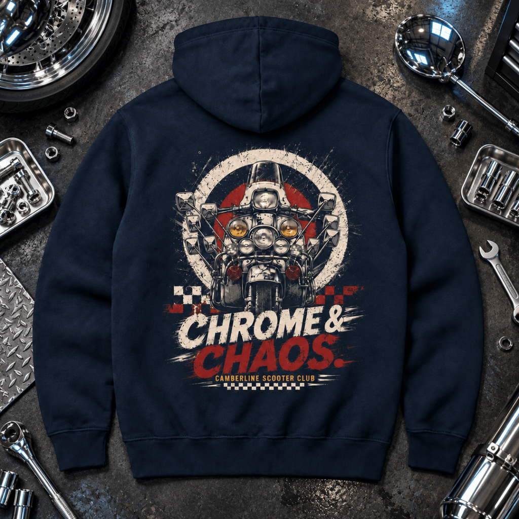 Chrome Chaos custom scooter navy hoodie back hero in a chrome workshop