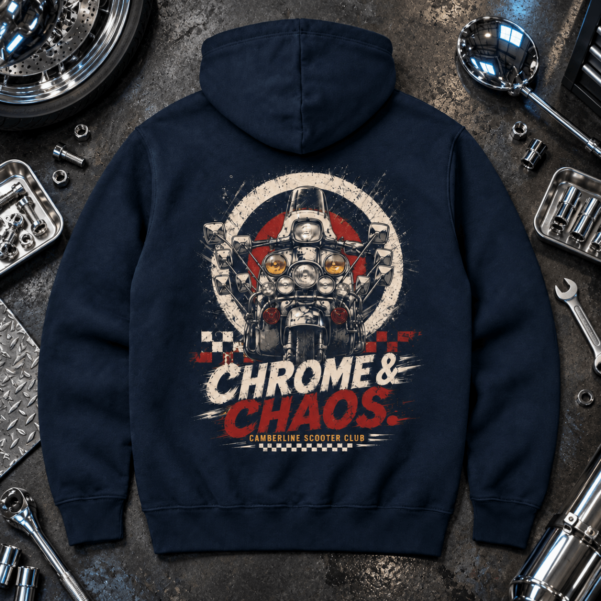 Chrome Chaos custom scooter navy hoodie back hero in a chrome workshop