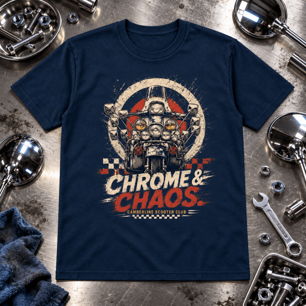 Chrome Chaos custom scooter navy T-shirt front hero on a polished fabrication bench