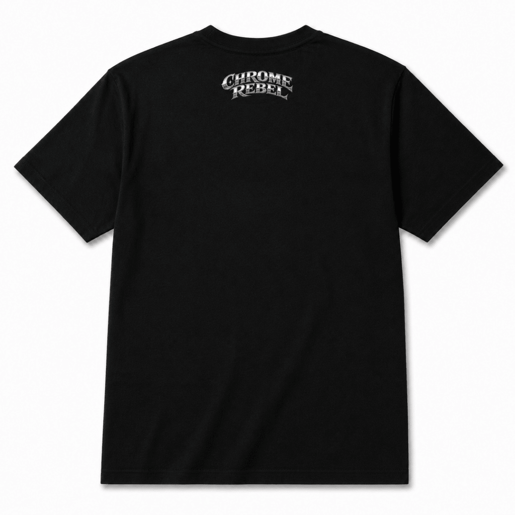 Chrome Rebel classic american car t-shirt in black, back garment view – car-ts-0129