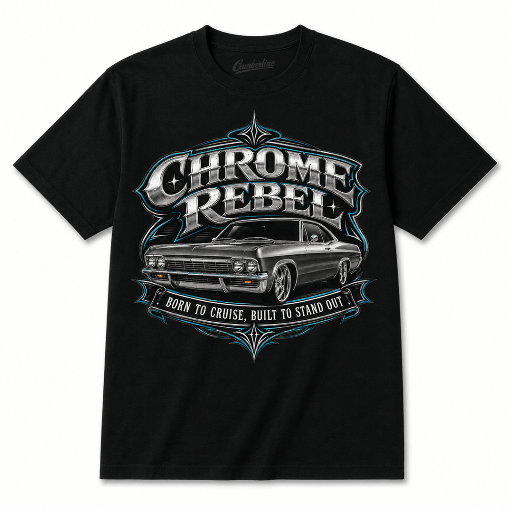 Chrome Rebel classic american car t-shirt in black, front garment view – car-ts-0129