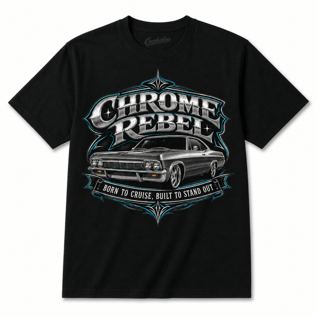 Chrome Rebel classic american car t-shirt in black, front garment view – car-ts-0129
