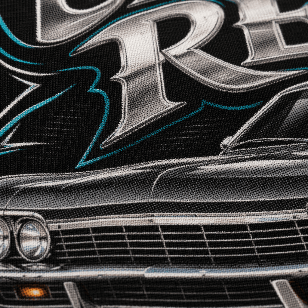 Chrome Rebel classic american car t-shirt in black, print close-up – car-ts-0129